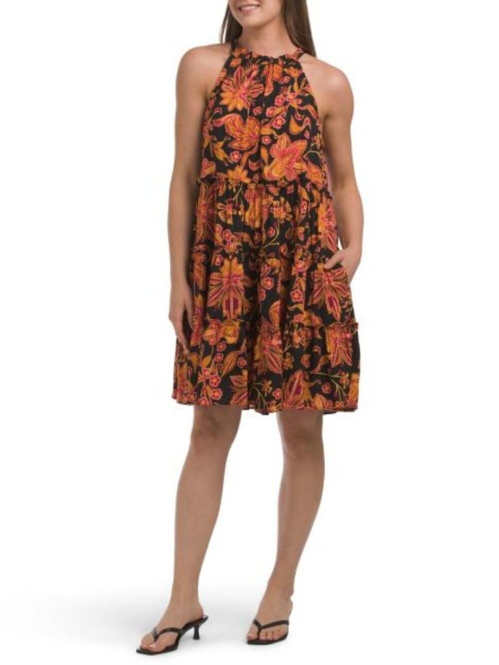 CECE Tiered Halter Mini Dress With Back Tie At Neck